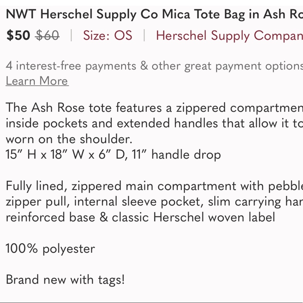 NWT Herschel Supply Co. Mica Tote Bag in Ash Rose One Size - Picture 8 of 12